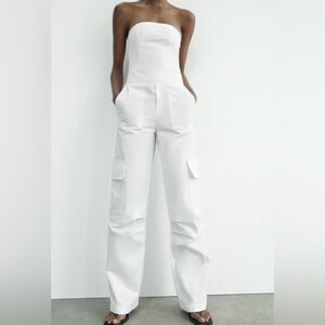 Zara White Wide-Leg Cargo Jumpsuit